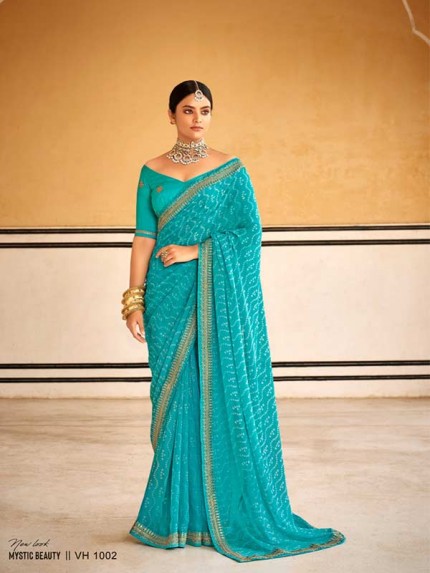 SkyBlue Colour Georgett Embroidery Border With Embroidery Blouse Saree