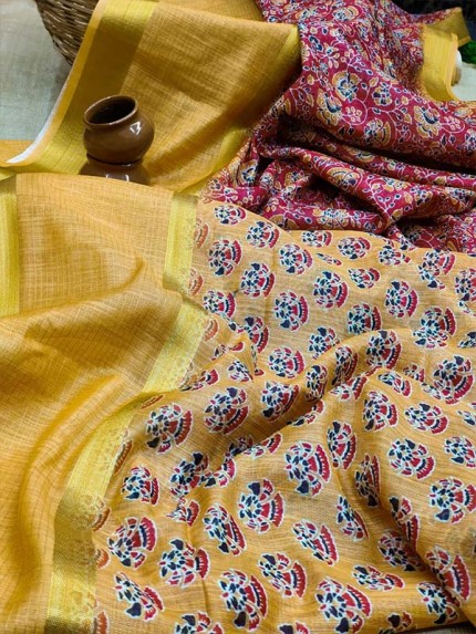 Mul Mul Cotton Saree with beautiful Ajrakh prints AllOver with big zari woven
