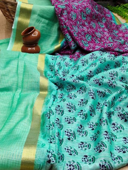 Mul Mul Cotton Saree with beautiful Ajrakh prints AllOver with big zari woven