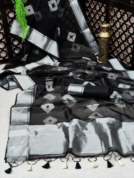 Classic Look Soft Orgenza Silk Saree with Bandhani print AllOver with silver zari border