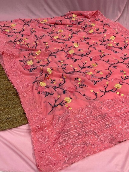 Floral Style Georgett Silk Saree with flowers work jal and cutwork of matching thread work