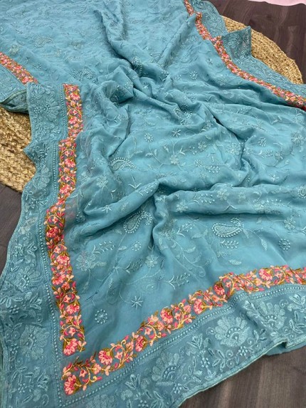 Floral Style Georgett Silk Saree with flowers work jal & matching thread work with Banglori Sattin Silk blouse