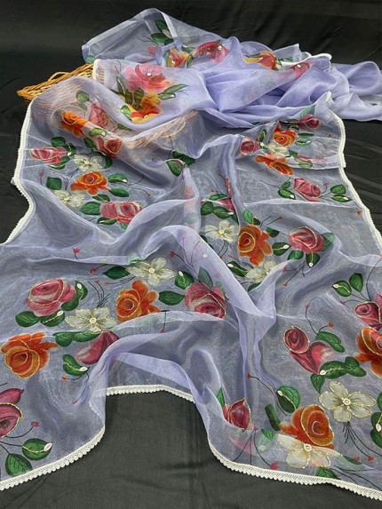Superb Trending Soft Pure Organza handwork Khatli work on Printed Saree with Cotton  work  border