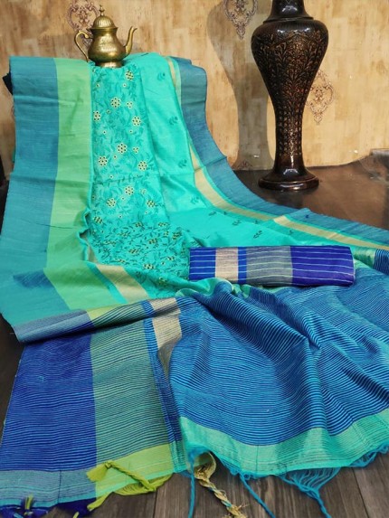 Pretty Look Raw Silk Saree with Embroidered work AllOver with Zari border