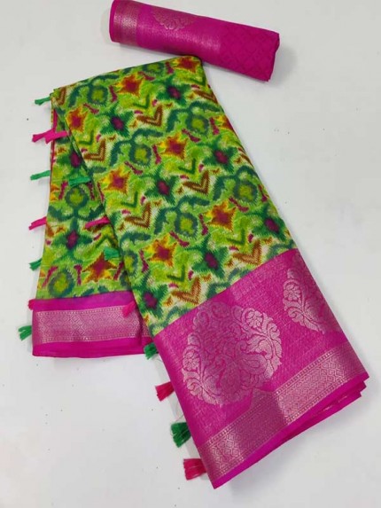 Designer Multi Colour Soft Cotton Silk With Jacquard Pannel Border with fumka And Running Blouse