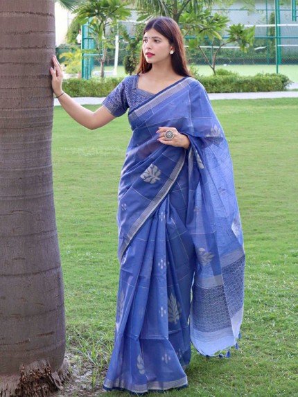 Pure Linen Silk Saree with AllOver Zari Flower and Checks Weaves with Exclusive ZigZag Pallu