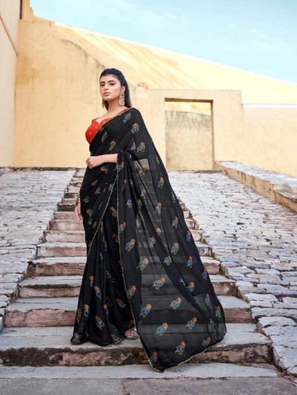 Black Color  Ragha Georgette With Jecquard Blouse