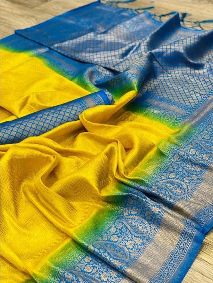 Wedding Season Yellow  Colour Pure Silk With Pure Zari Weaving Roasted Rani  Saree
