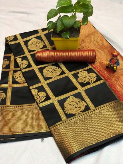 Pretty Look Black Color Banarasi Silk Fabric with Zari work Kanchipuram Saree