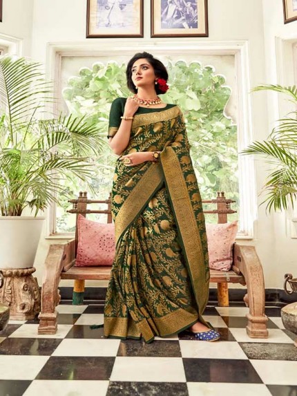  Beautiful Green Color Soft Handloom Weaving silk Saree