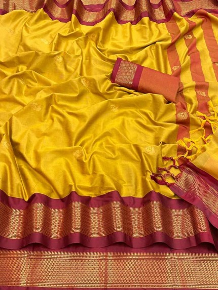 Unique Cotton Silk gold weaving border with contrast blouse
