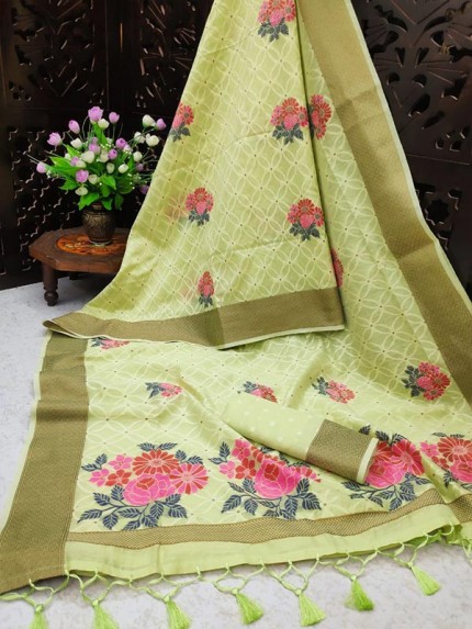 Pure Linen Weaving Saree with Zari Woven Border matching Blouse piece