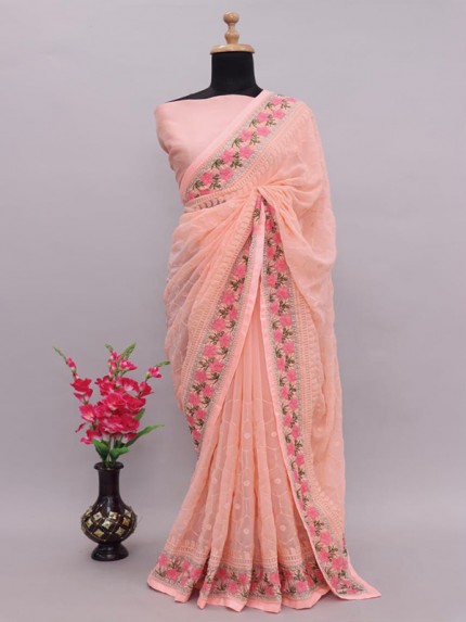 Floral Style Georgette Silk Saree with flowers work jal & matching thread work border