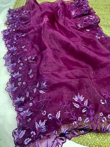 Unique Style Organza Silk Saree with embroidery work & Sattin Blouse