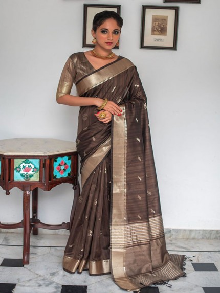 Amazing Stylish Silk weaving Saree with AllOver Zari woven butti with Silver and Gold zari Pallu