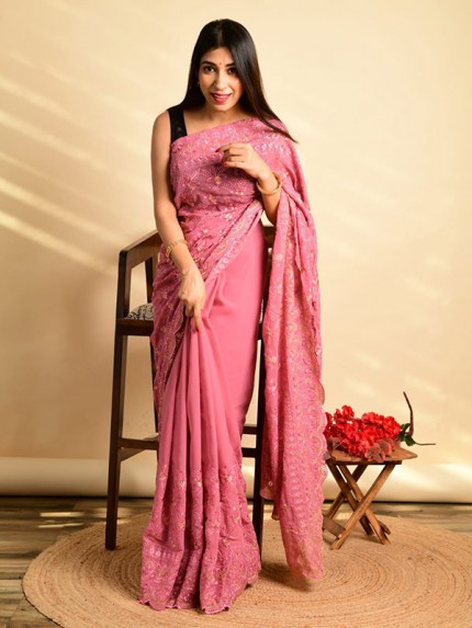 Georgette Silk Saree with beautiful flower work Jal & Banglori Sattin Silk blouse