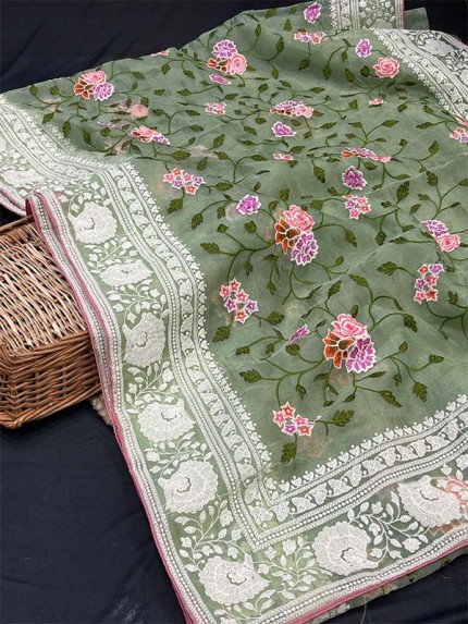 Latest Designer Organza Silk Saree with beautiful pallu and border of chikankari work