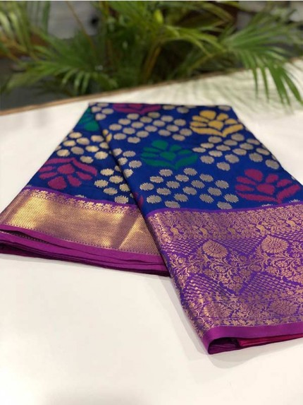 Stylish Look Blue Colour Soft Banarasi Handloom Ikkat Weaving Silk Saree