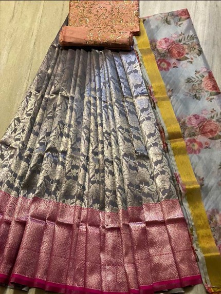Beautiful Kanjiveram Silk Pure Zari Half Saree With Blouse Along With Duppta