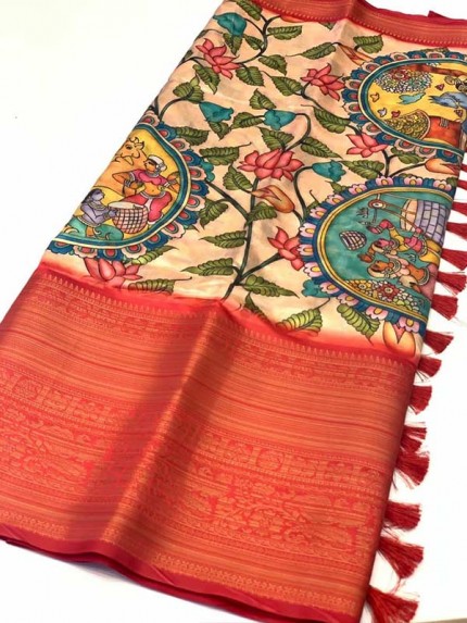 Soft Banarasi Silk Kalamkari Flower Print Designe Party Wear Saree