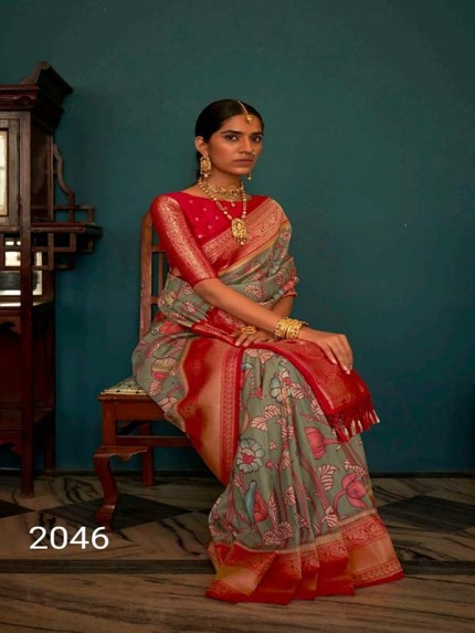 Soft Tusser Silk  With Beautiful Kalamkari Print  & Contrast Blouse