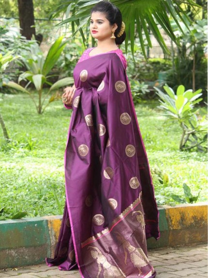 Latest Traditional Look Purple Color Soft Banarasi Silk Rich Pallu With Checks And Peacock Butta And Full Saree Peacock Butta Saree