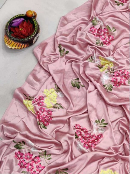 Pure Soft Japan Silk Saree With Beautiful Floral Print Nd Hand Work Khatli With Ciramic Butti In All Over Saree