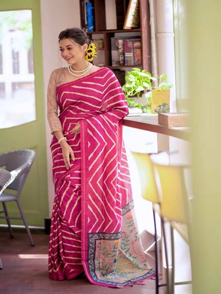 Tussar silk saree with beautiful leriya print and finished zari border 