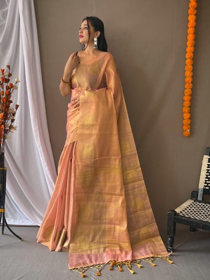 Elegant Look Tissue Silk Saree with zari weaving Buttis on the Border 