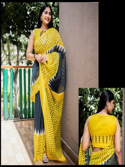 Stylish Ikkat Look Linen Printed Saree