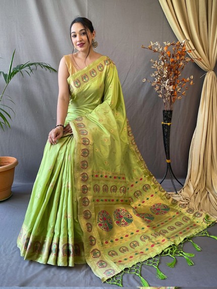 Unique Style Paithani Silk Saree with Meenakari Zari Weaving Motifs and pallu