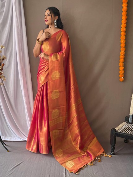 Elegant Look Tissue Silk Saree with zari weaving Buttis on the Border 