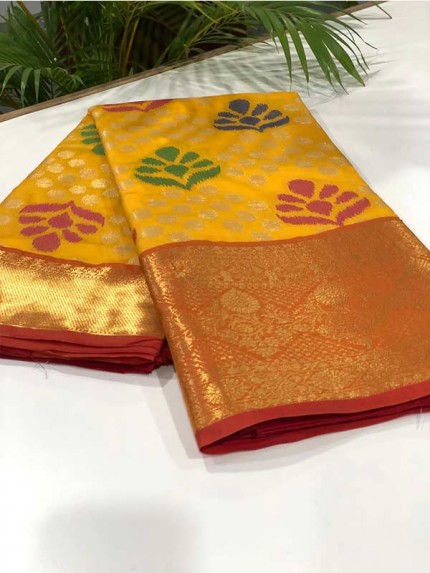 Stylish Look Yellow Colour Soft Banarasi Handloom Ikkat Weaving Silk Saree