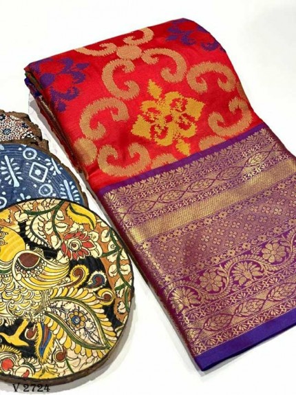 Stylish Look Red Colour Soft Banarasi Handloom Ikkat Weaving Silk Saree