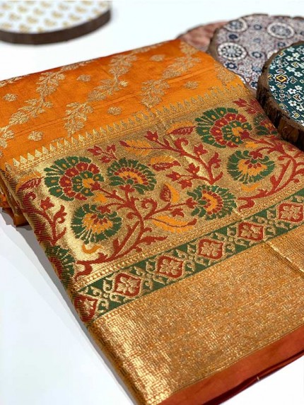 Stylish Look Orange Colour Soft STon Banarasi Silk Geometric Designer Saree