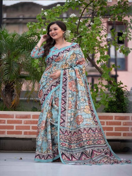 Soft Linen Cotton saree with Beautiful Kalamkari print