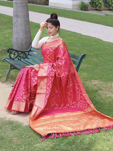 Bandhej Style Silk Saree with Gold Zari weaving Border