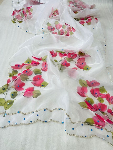 Attractive Organza Digital Printed Saree with khatli work & Sattin blouse