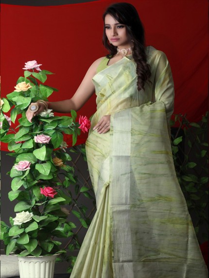 Orgenza Silk Saree with with silver zari woven border and pallu