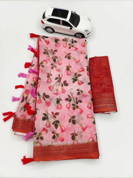 Adorable Linen Latkan Printed Saree with Silver Jari Patta
