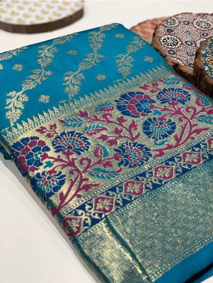 Stylish Look SkyBlue Colour Soft 2Ton Banarasi Silk Geometric Designer Saree