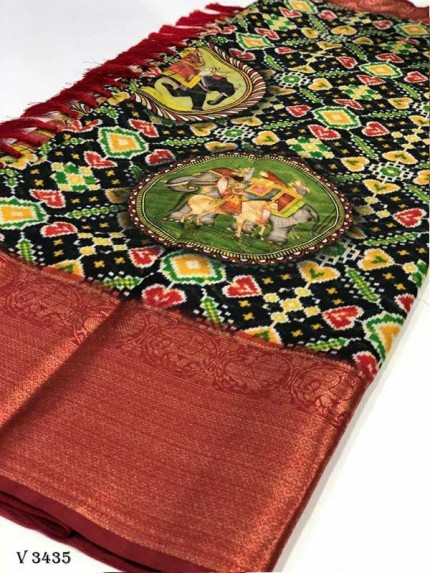 Stylish Look Multi Colour Soft Banarasi Silk Kalamkari Block Print Designe Party Wear Saree