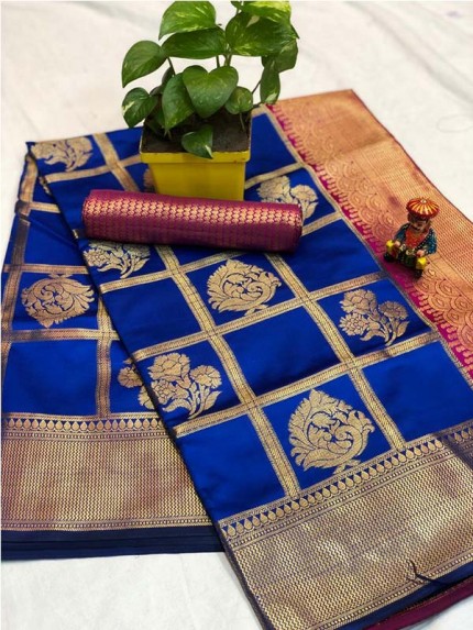 Pretty Look Blue Color Banarasi Silk Fabric with Zari work Kanchipuram Saree