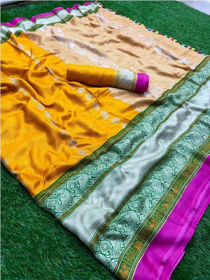 Eye-Catching Look Yellow color Matrix Linen With Rich Pallu And  Tassels Comes Along With Contrast Blouse Saree