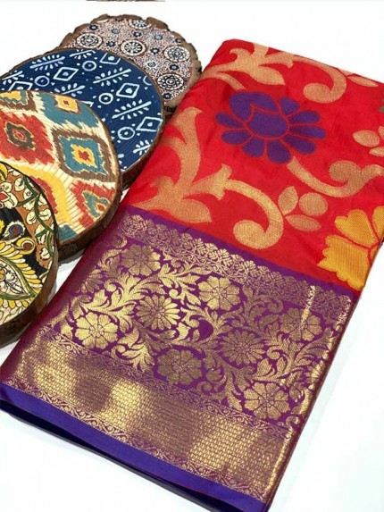 Stylish Look Red Colour Soft Banarasi Handloom Ikkat Weaving Silk Saree