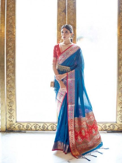 Attractive Look Blue Colour Gala Tessar Silk Saree