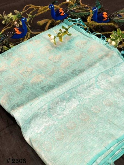 Stunning Look Cyan Colour Pure Banarasi Silk with pure Silver kasab Jari yarn