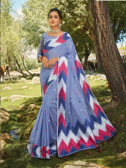 New Designer Blue Colour  Soft Cotton With Designer Ikkat Pattern Border & Pallu Saree