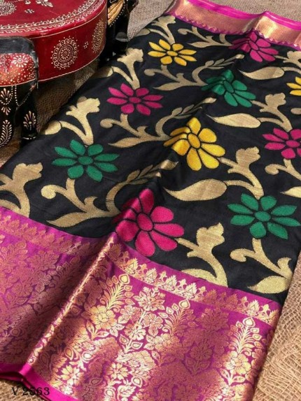 Stylish Look Black Colour Soft Banarasi Handloom Ikkat Weaving Silk Saree