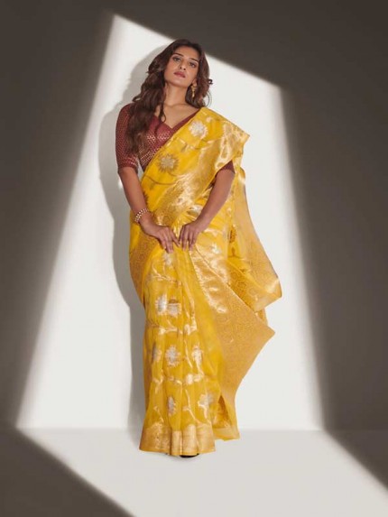 Stylish Look Yellow Colour Soft Banarasi Organza Weaving with Contrast Hand dyed Banglory Blouse
